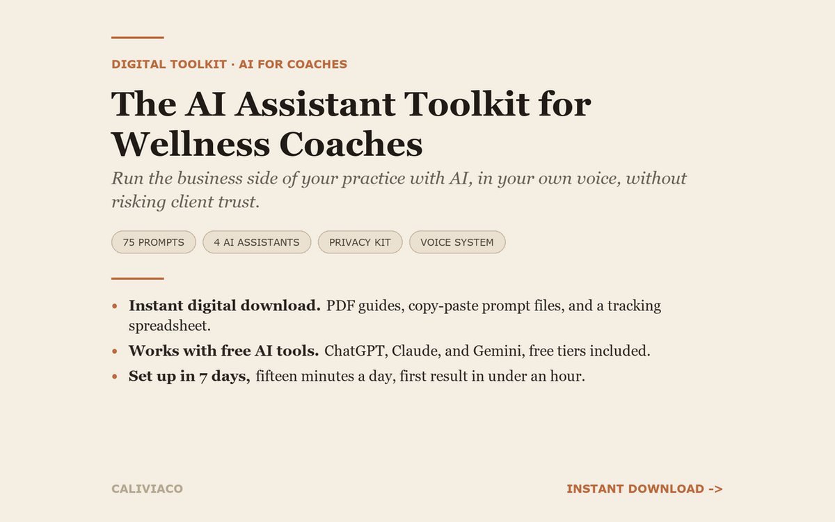 Cover of The AI Assistant Toolkit for Wellness Coaches: 75 prompts, 4 AI assistants, privacy kit and voice system